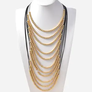 Women's Gold-Tone Alloy Multi-Strand Beaded Statement Necklace, Black Cord Ethnic Fairy-Style Casual Long Sweater Jewelry for Party Daily Wear