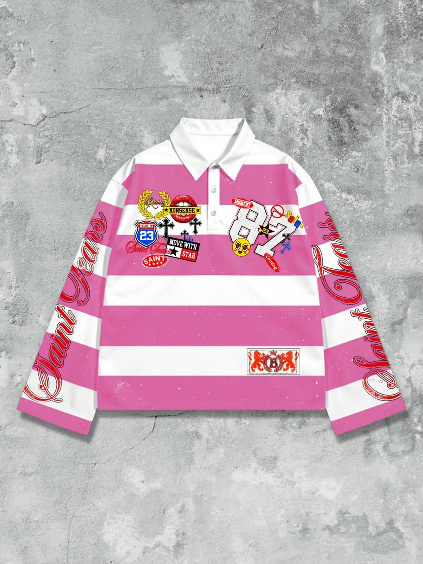 American Street Style Striped Collar Polo, Long Sleeve Multi-Logo Graffiti, Loose Fit, Unisex Fall Winter Top
