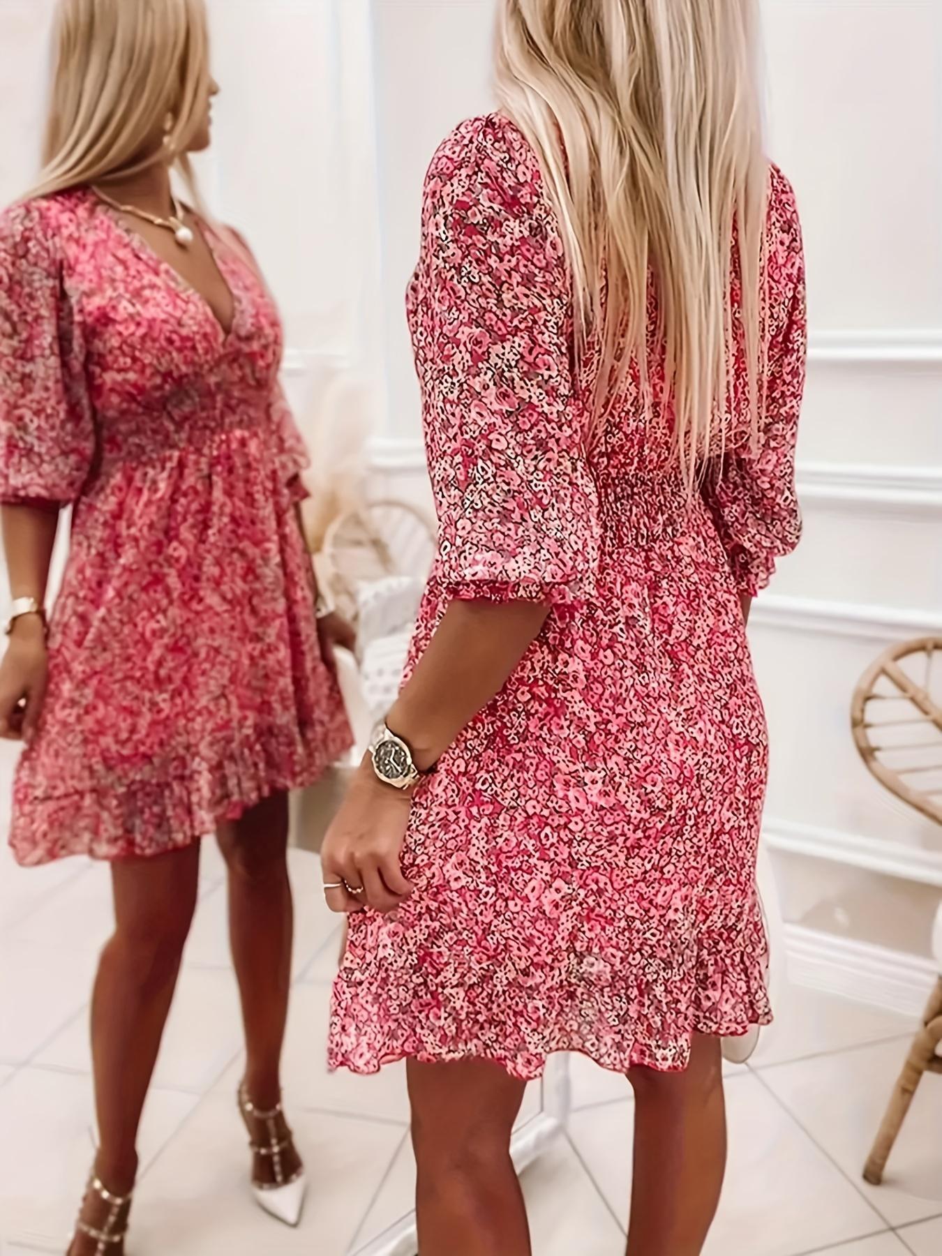 Women's Frenchy Casual Style Ditsy Floral Print Shirred Ruffle Hem Flounce Sleeve Dress, Boho V Neck A-Line Short Dress For Summer Party Holiday, Summer Outfits 2024, Women's Clothes