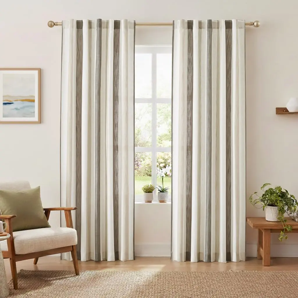 Linen Stripe Curtains Tan and Charcoal 40" Wx84 L 2 Panels | Linen Textured Stripe  Style,Rod Pocket  Tab , Light Filtering for , Versatile  Decor