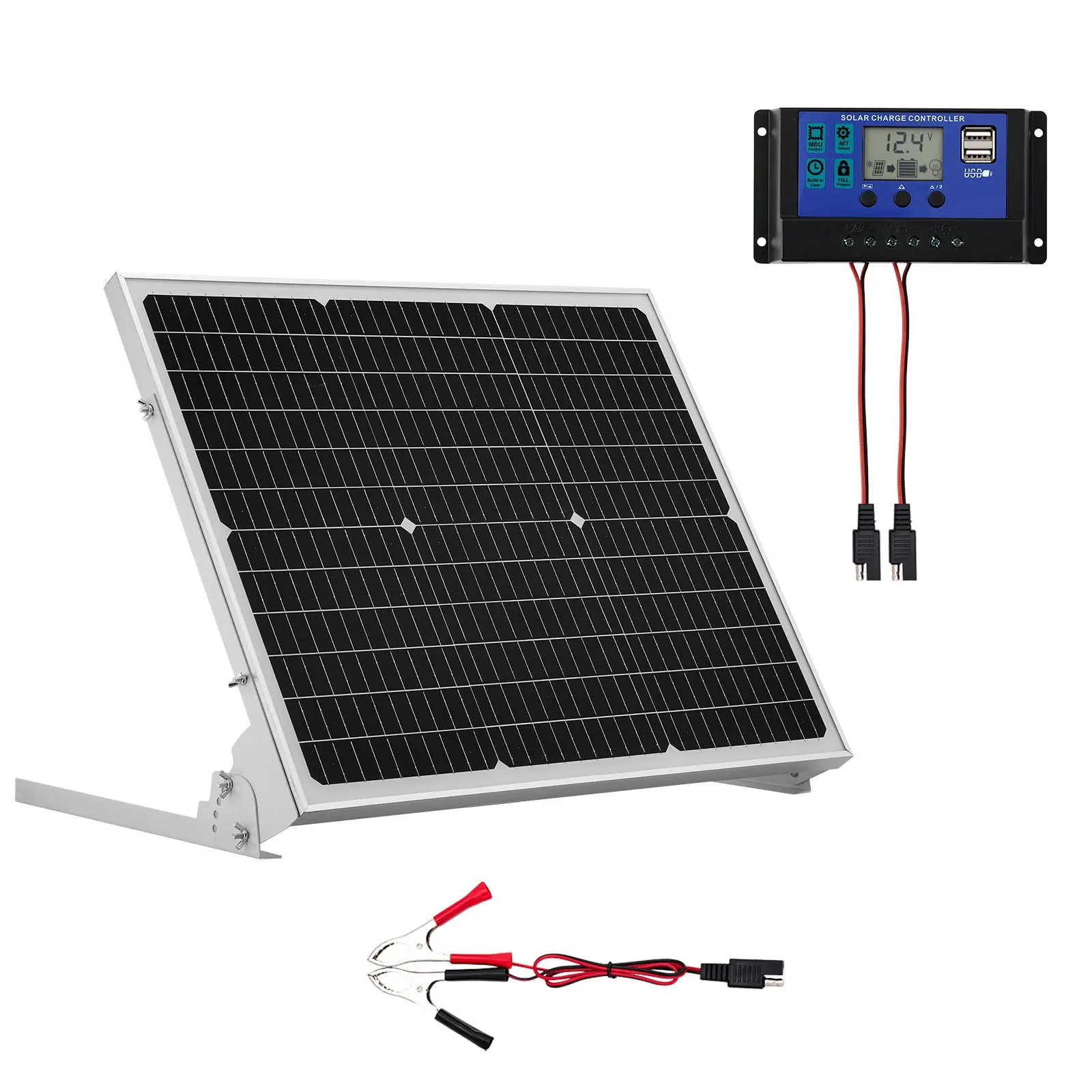 【Summerfinds】VEVOR 50W 12V Solar Battery Trickle Charger Maintainer, Mono Solar Panel Battery Charger with Upgraded MPPT Controller Adjustable Mount Bracket, IP65 Waterproof for Car Boat RV Trailer House Roof