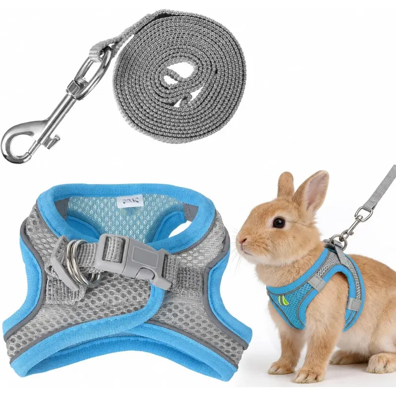 Bunny Harness and Leash Set Breathable Pet Rabbit Harness and Leash Set Soft Rabbit Leashes Reflective Strips Jacket Escape-Proof Walking Gear for Rabbits, Small Kitten, Puppy, Guinea Pigs (Blue,S)