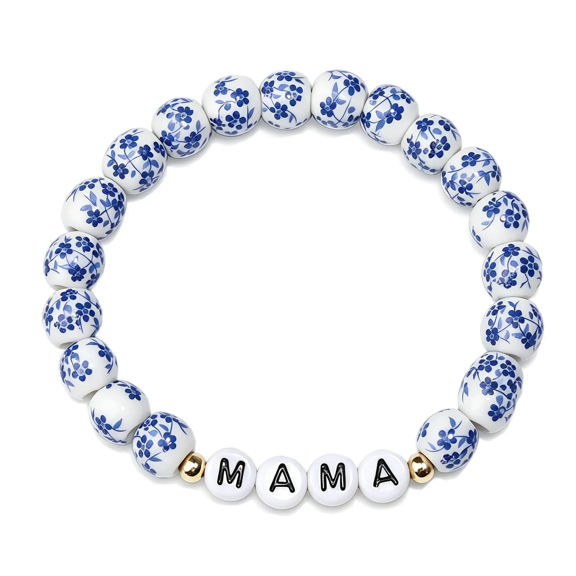 Porcelain Lettered Bead Bracelet for Women, Vintage Blue and White Ceramic Jewelry with Elastic Fit, Mother's Day Gift, Female, Stretch String