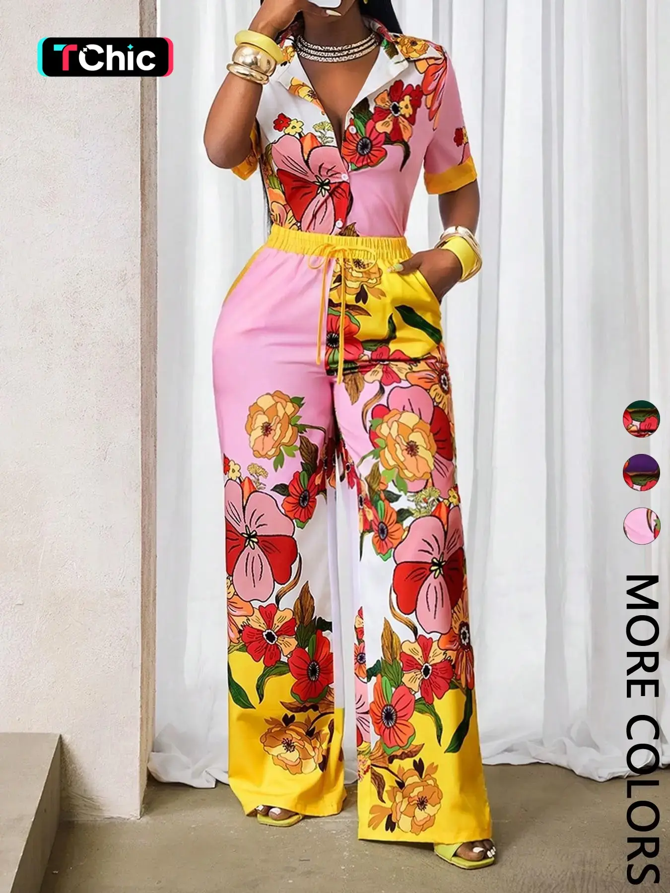 Women's 2-Piece Short Sleeve Shirt & Casual Long Pants Set, All-Over Floral Print, Beach Vacation Essential, Comfortable and Stylish
