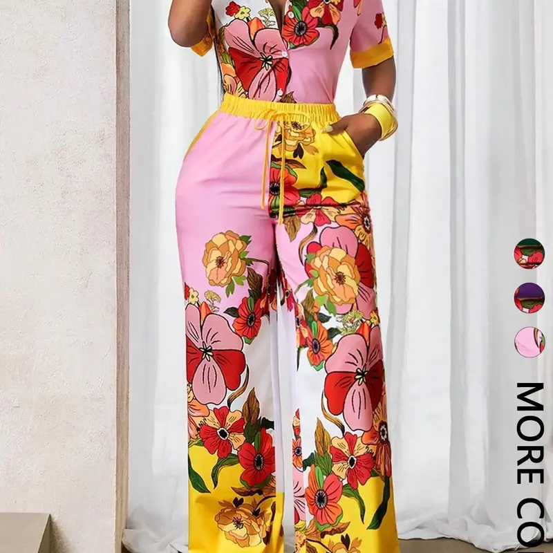 Women's 2-Piece Short Sleeve Shirt & Casual Long Pants Set, Two Pieces Outfits, All-Over Floral Print, Beach Vacation Essential, Comfortable and Stylish