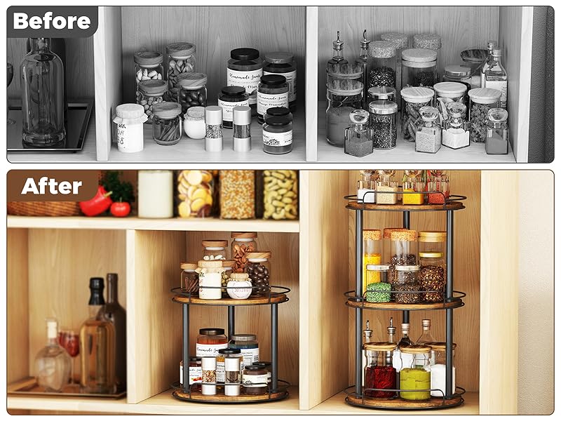 9.1'' Wood Lazy Susan Turntable Organizer for Cabinet, 2 Tier Lazy Susan Spice Rack Organizer for Kitchen, Table Top, Countertop, Pantry, Medicine Organizer