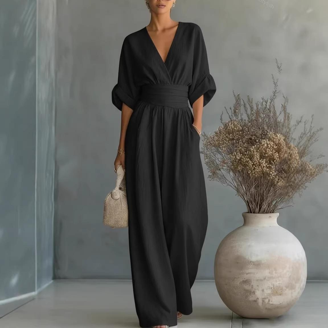 Spring and summer new Amazon elegant waist V-neck temperament women's jumpsuit Spring Summer Women's Elegant V-Neck Waisted Jumpsuit sweatpants softish still