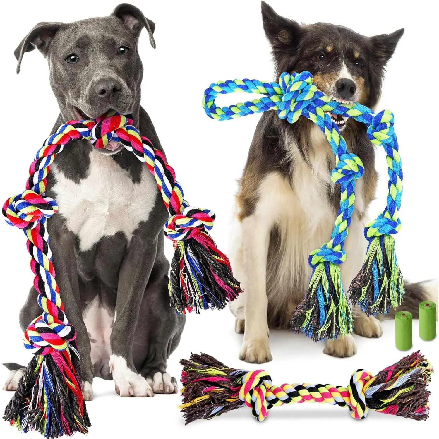 Tough &    for Aggressive Chewers – Tough  Toys for Large Dogs, Ideal for Tug-of-War &  Cleaning, with 3 Rope Toys & 2  Bags