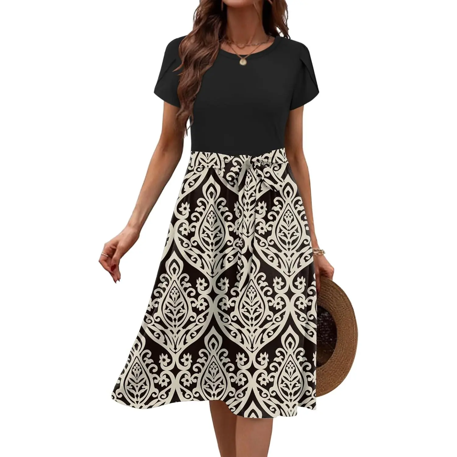 Women Midi Dress Summer Short Sleeve Dress with Pockets 2025 Casual Floral T-Shirt Dress Flowy Beach Sundress(Gift)