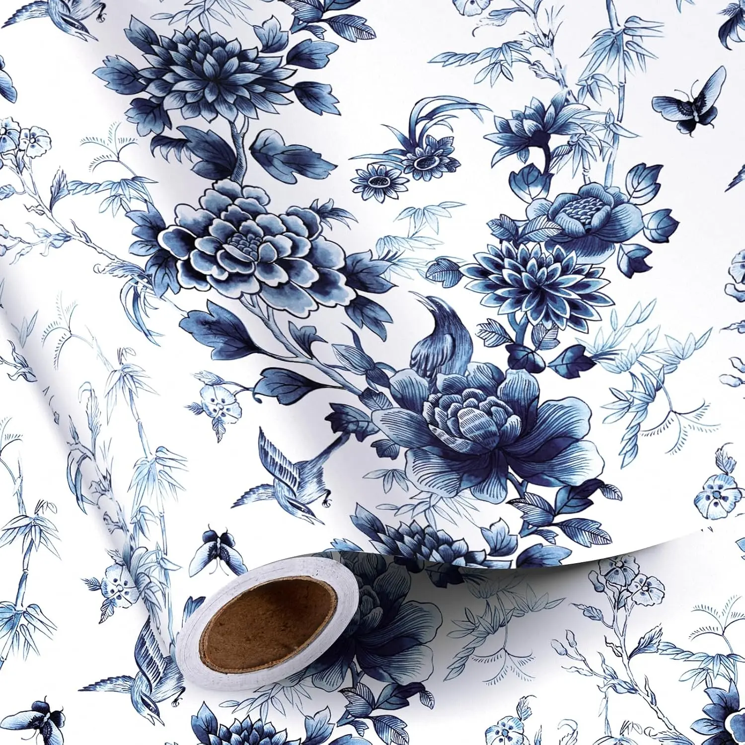 Blue and White Floral Wrapping Paper Roll,  Toile Wrapping Paper for Birthday, Anniversaries, Wedding, Bridal Shower - 17 Inches x 16.4