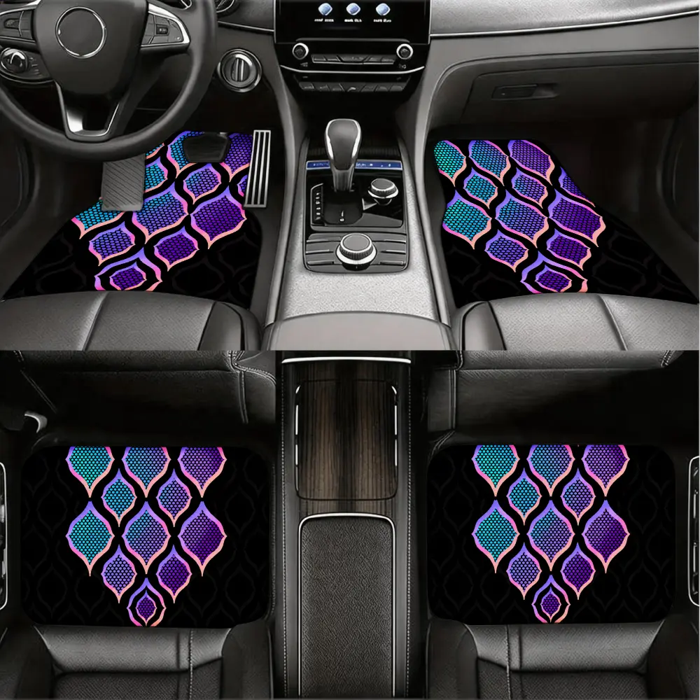 Trendy Car Floor Mats, Universal Auto Floor Liners, Vibrant Purple And Teal Geometric Scale Pattern, Durable Non-Slip Rubber Backing With Waterproof Surface, For Men And Women Daily Driving Or Commuting, Full Set Of 4 Pieces Front And Rear