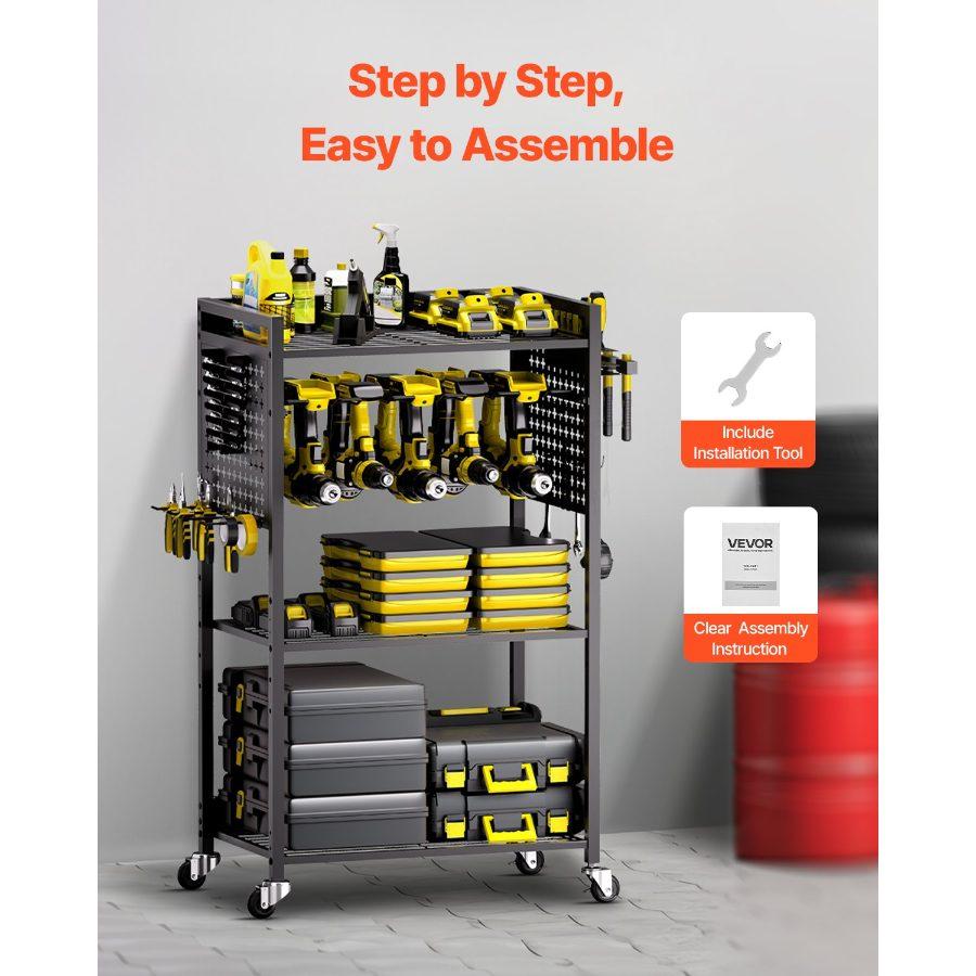 VEVOR 4-tier Tool Organizer Cart, 150 lbs Load Capacity, Floor Stand Rolling Drill Holder and Stability Storage Rack, Heavy Duty Garage Floor Rolling Storage Cart for Workshop, Garage, Black VEVOR 4-tier Tool Organizer Cart, 150 lbs Load Capacity, Floor Stand Rolling Drill Holder and Stability Storage Rack, Heavy Duty Garage Floor Rolling Storage Cart for Workshop, Garage, Black