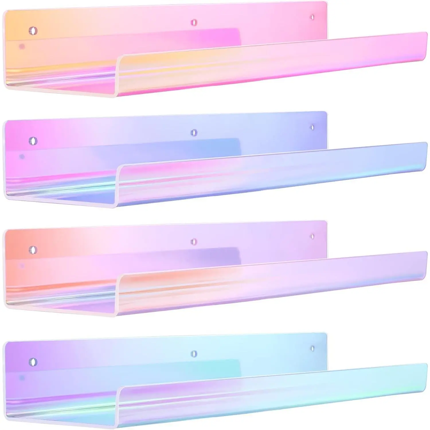 4 Pcs 15" Iridescent Acrylic Shelves for Wall Decor and Display | Cute Floating Shelf for Perfume, Skincare, Nail Polish, Wall Organizer for Bedroom, Living Room, Playroom, Room Décor