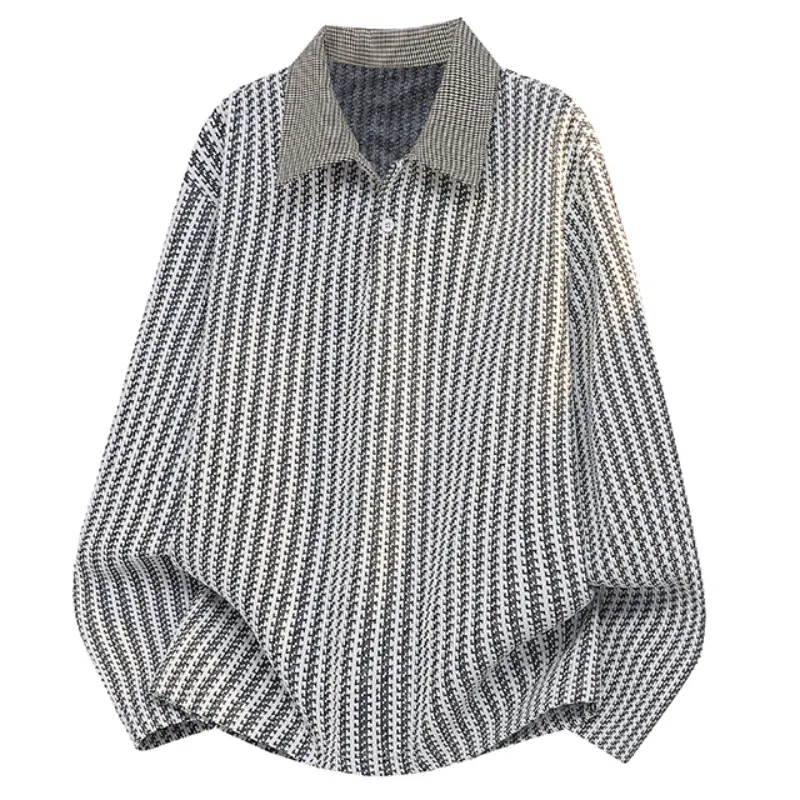 Menswear Long-Sleeve Contrast Collar Vertical Textured Breathable Knit Polo Shirt - Single Button Placket, Curved Hem, Oversized Loose Fit, Jacquard Polyester Blend, Retro Preppy Streetwear Top for Business Casual Daily Use, Machine Washable, Longsleeves,