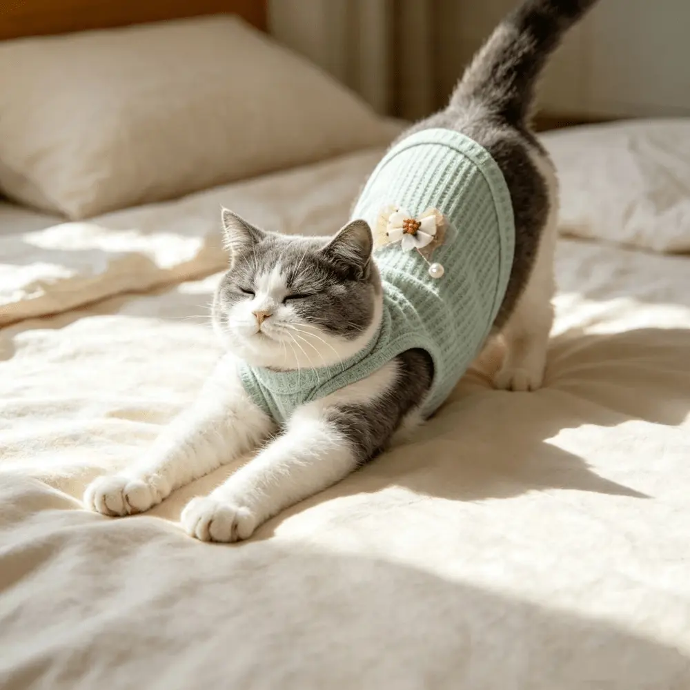 1PC light green bow pearl cat vest English short blue cat cloth doll kitten breathable knitted pet sleeveless clothes