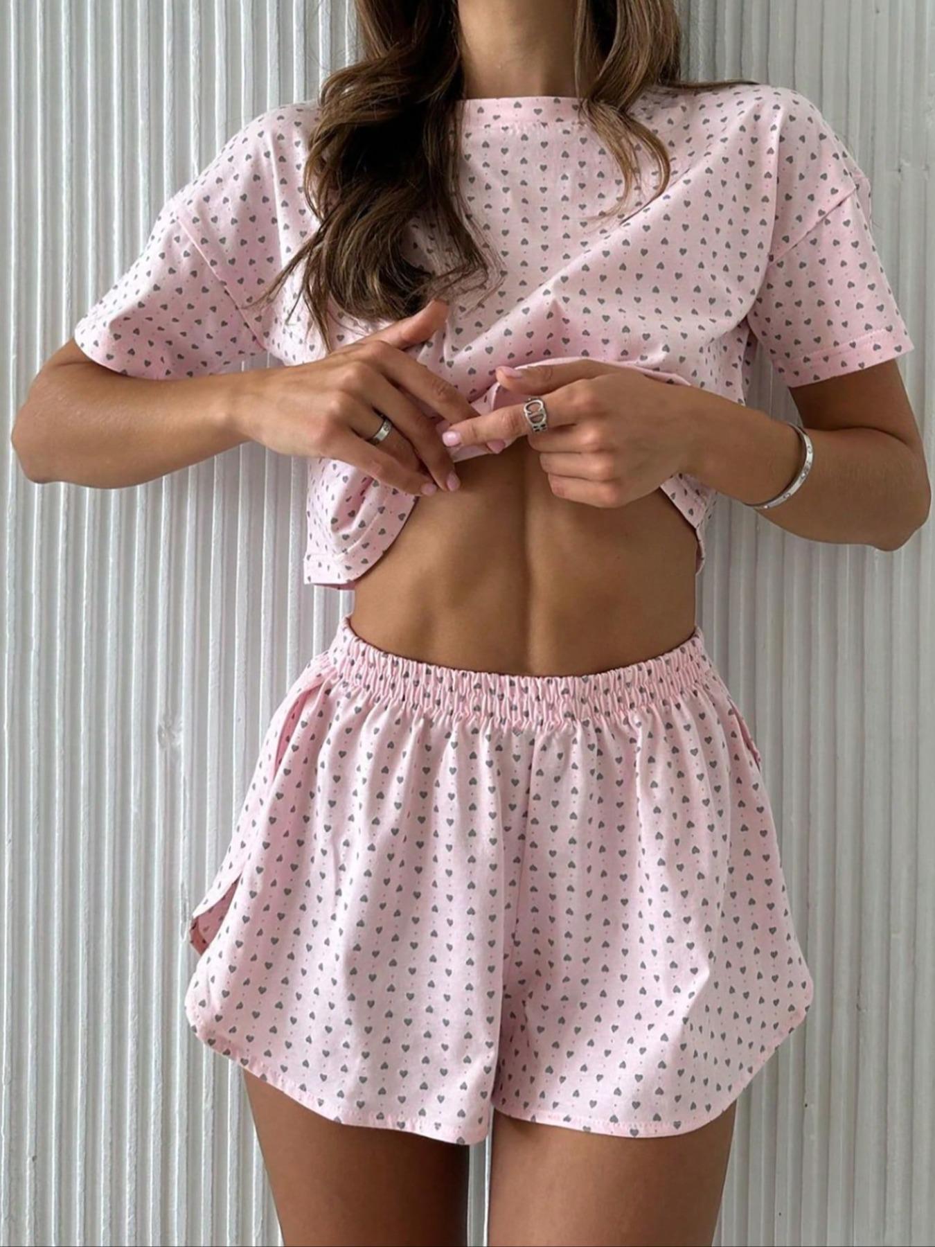 Women's All Over Print/Solid Color Crop Top & High Waist Shorts Loungewear Set, Casual Comfy Round Neck Short Sleeve Top & Shorts Striped Print Pajama Set, Ladies Sleepwear for Summer