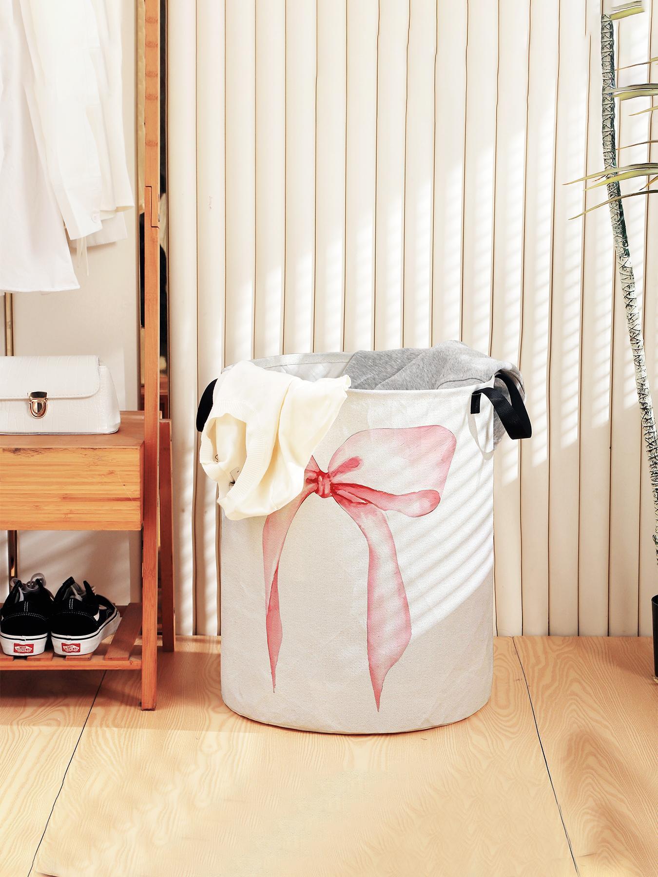 Durable Laundry Basket with Handle, Laundry Hamper, Bow Print Design, Foldable Clothes Storage Bin, Large Capacity Toy Organizer for Home Use