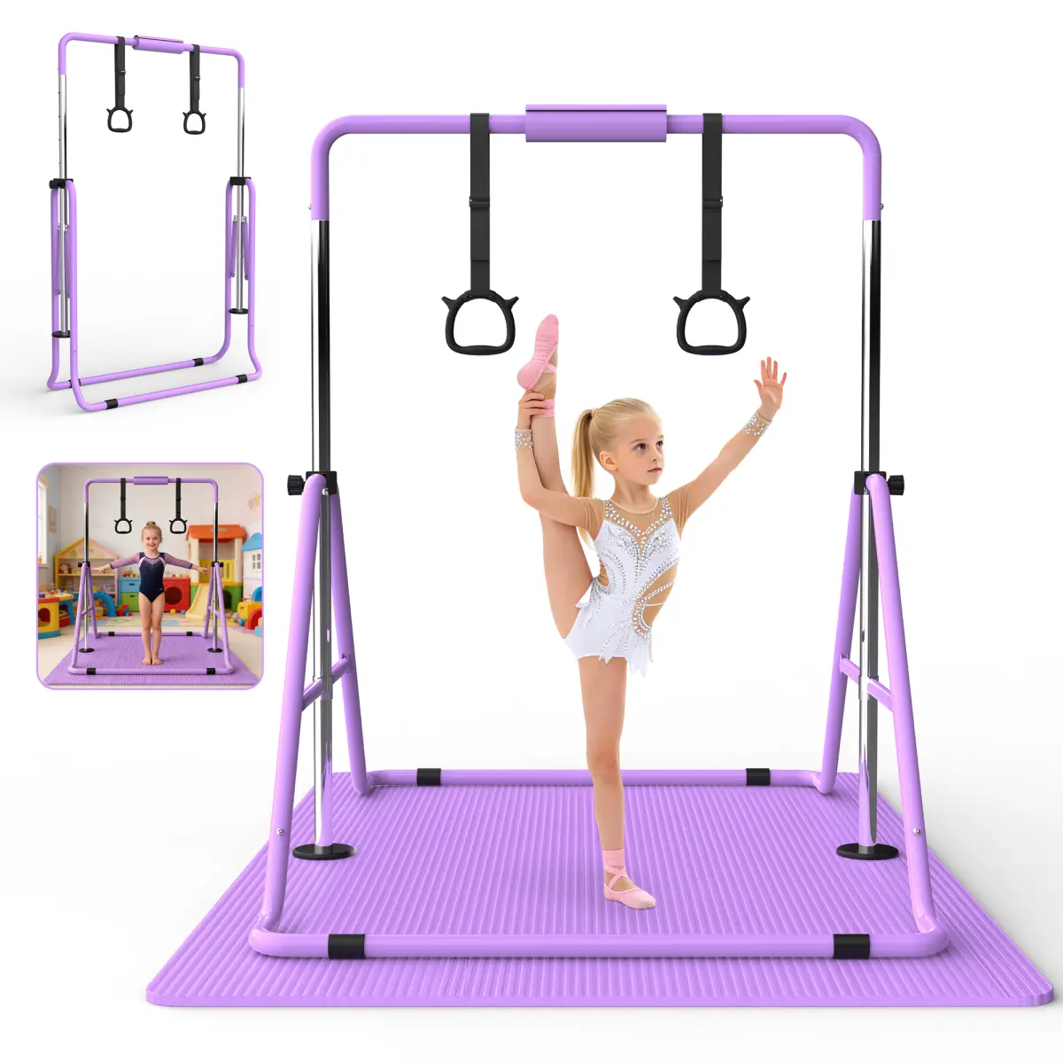 AobtkelGymnastics Bar for Kids, Gymnastics Horizontal Bar with Adjustable Height Foldable Training Bar with Mat for Home Practice