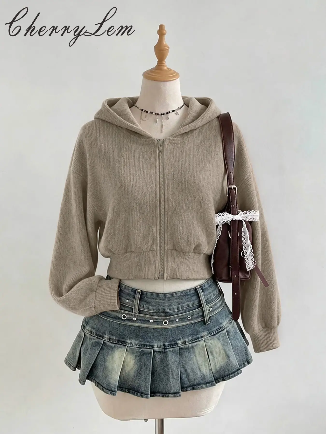 Cherrylem Women's Vintage Casual Zipper Hooded Short Jacket, Perfect for Back-To-School Season, Daily Wear Outerwear