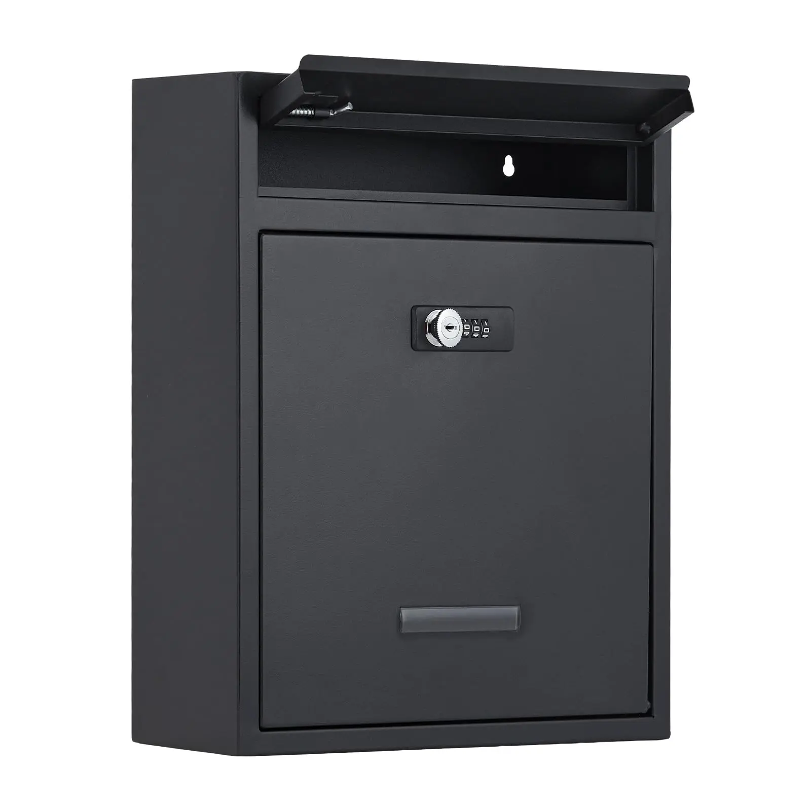 Locking Wall-Mount Mailbox with 3-Digit Combination Lock, 16" Black Metal Outdoor Post Box, Large Capacity Rust-Resistant Secure Mail Drop