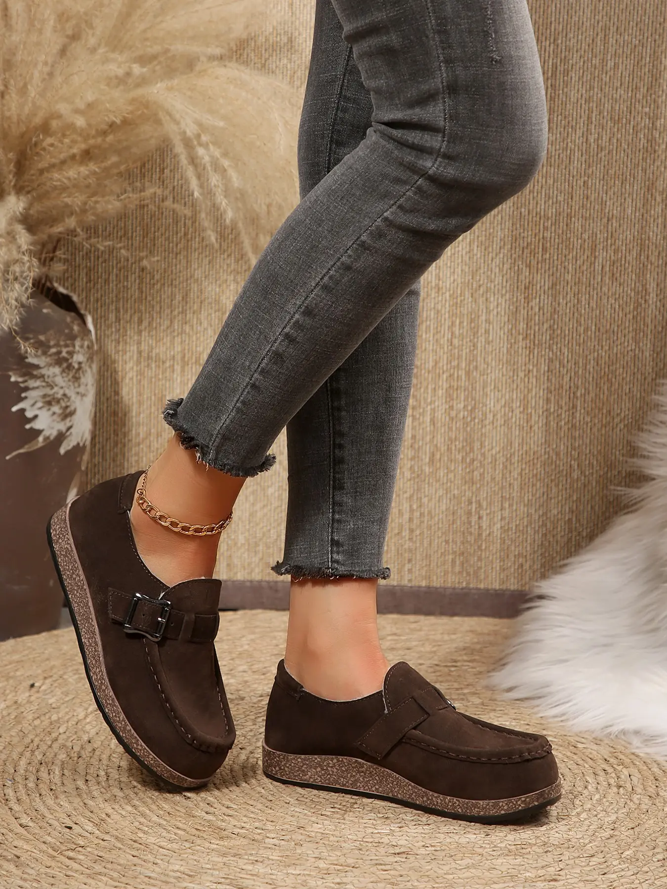 Winter Soft Sole Thick Bottom Cotton Shoes, Buckle Fleece Ankle Strap Retro Casual Women's Birkenstock, Multiple Colors Available