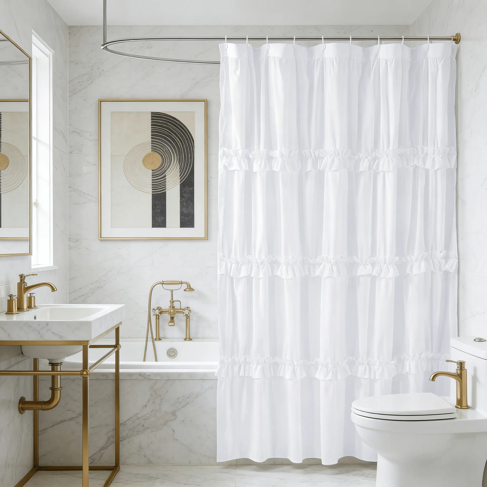 Ruffled Fringe Fabric Shower Curtain, 72x72 Inch Polyester Fiber, Artistic Patchwork Design, with Eyelets for Hanging, Bathroom Decor