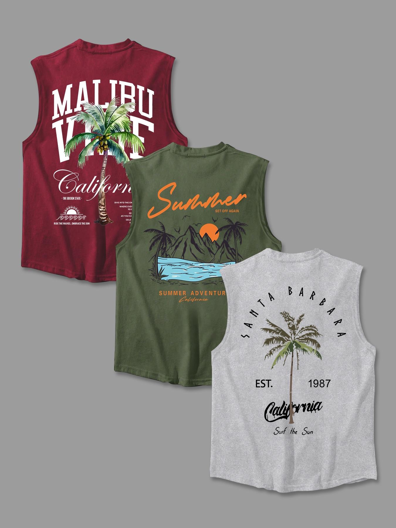 Men's Letter & Palm Tree Print Tank Top, Regular Fit Casual Soft Comfy Sleeveless Round Neck Top for Summer, Men's Clothes for Daily Wear, Stretch Tank Tops, Sleeveless Shirt