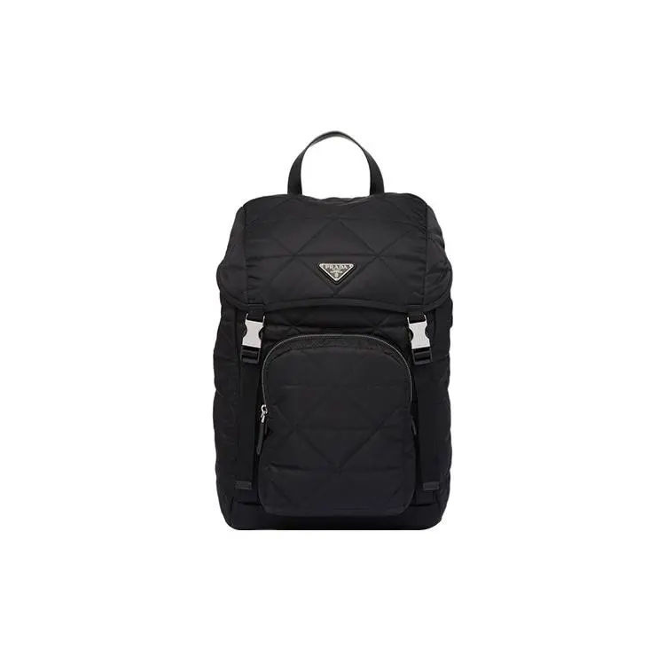 Prada Enamel Metal Triangle Logo Flap Snap-Closure Recycled Nylon Backpack for Men in Black
