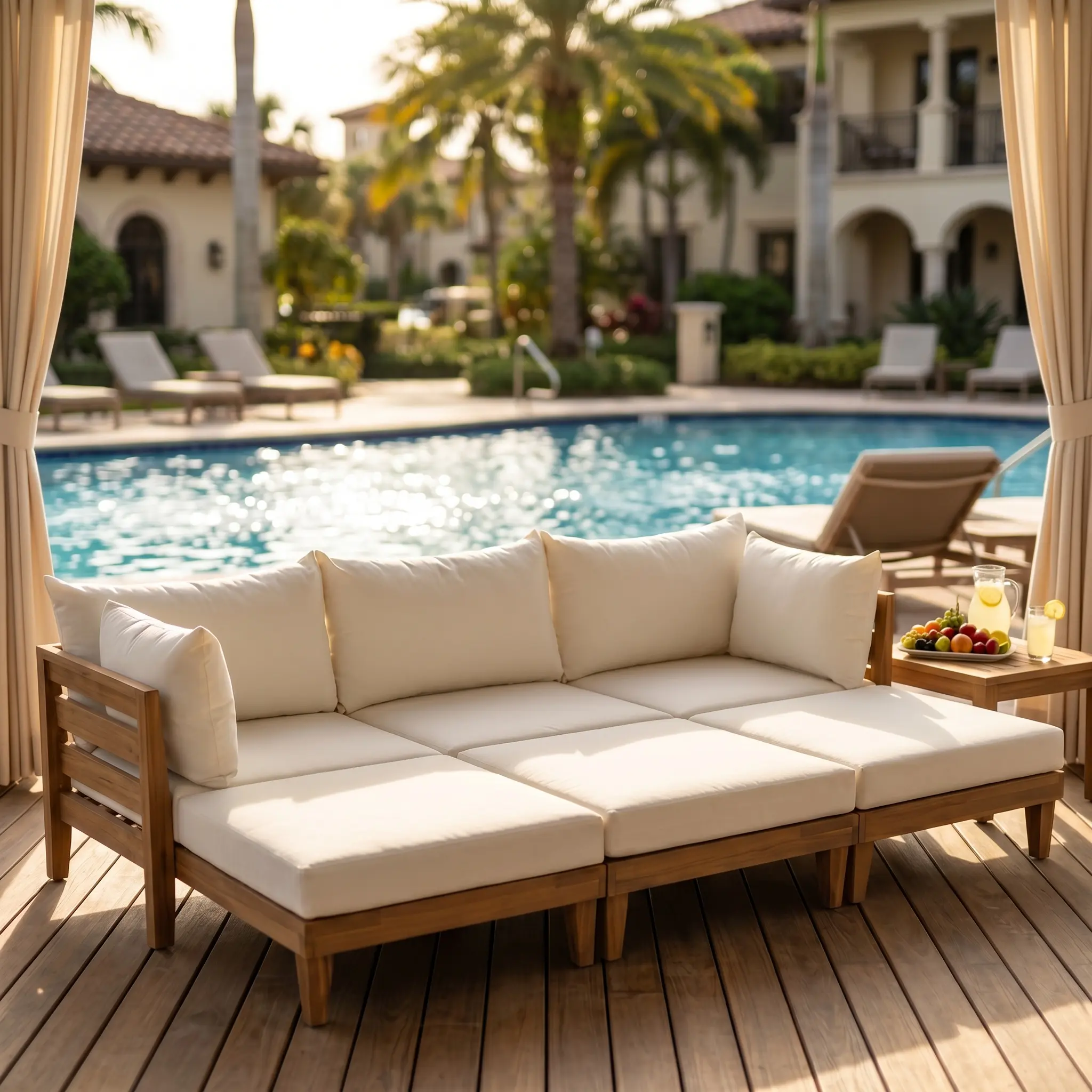 ARCH 6-Pieces Outdoor Patio Sectional Sofa Set - Acacia Wood Modular Multiple Seats Group with Daybed, 6 Cushions, 5 Pillows, Water-Resistant Frame, Modern Style for Backyard, Poolside