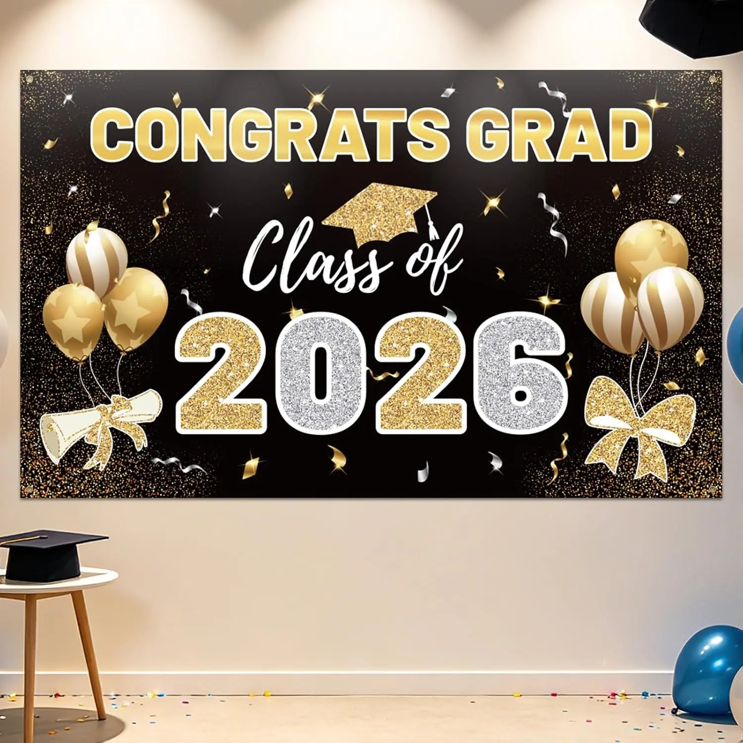2026 Graduation Backdrop 70.8"x43.3" Black Gold Congrats Grad Banner Class of 2026 Decorations Polyester Photography Background for Grad Party & Sign Wall Decor