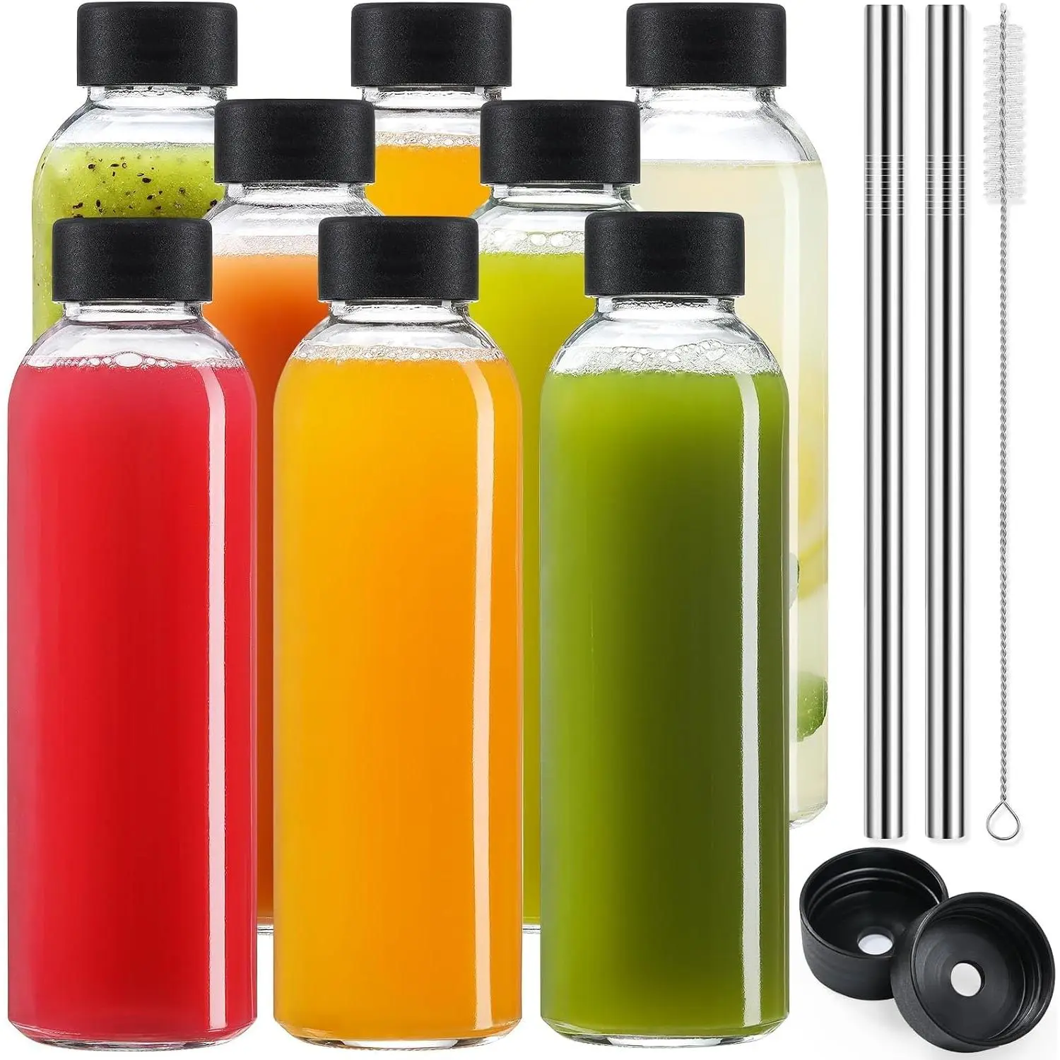 [UPGRADED LID] 8 Pack 18 oz Glass Juice Bottles with 8 Airtight  &2 Straw Hole  &2 Straws,  Drinking Jar, Clear Water Bottles for Juicing, Smoothies, Refrigerator & Travel -