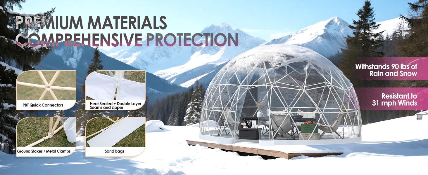 Upgraded 12FT Garden Dome igloo with LED Lights – Camping Shelters with Reinforced PC Cover, 1.5mm Poles & 0.3mm Fabric |   Outdoor globe tent for 6–10 People, Waterproof Windproof for Backyard or Patio