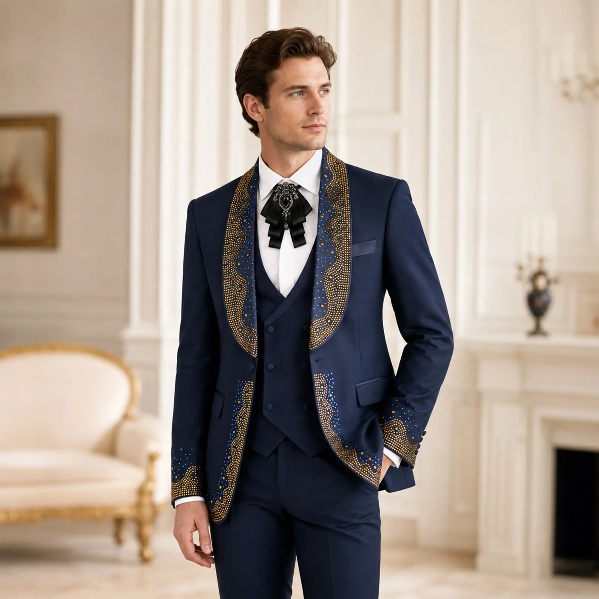 Men's 5-Piece Luxury Shawl Collar Rhinestone Tuxedo Set - Fitted Premium Fabric Suit with Matching Vest, Long Sleeve V-Neck Shirt, Blazer, Pants, Black/White Plain Royal Evening Wedding Formal Wear, Smooth Medium Length Menswear