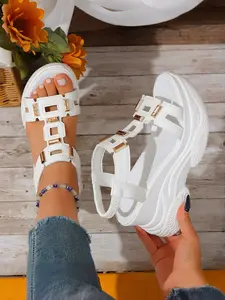 Summer New European Style Metal Buckle Thick Sole Sandals, Open Toe Hollow Out Adjustable Back Strap, Anti-Slip Lightweight Casual Beach Shoes