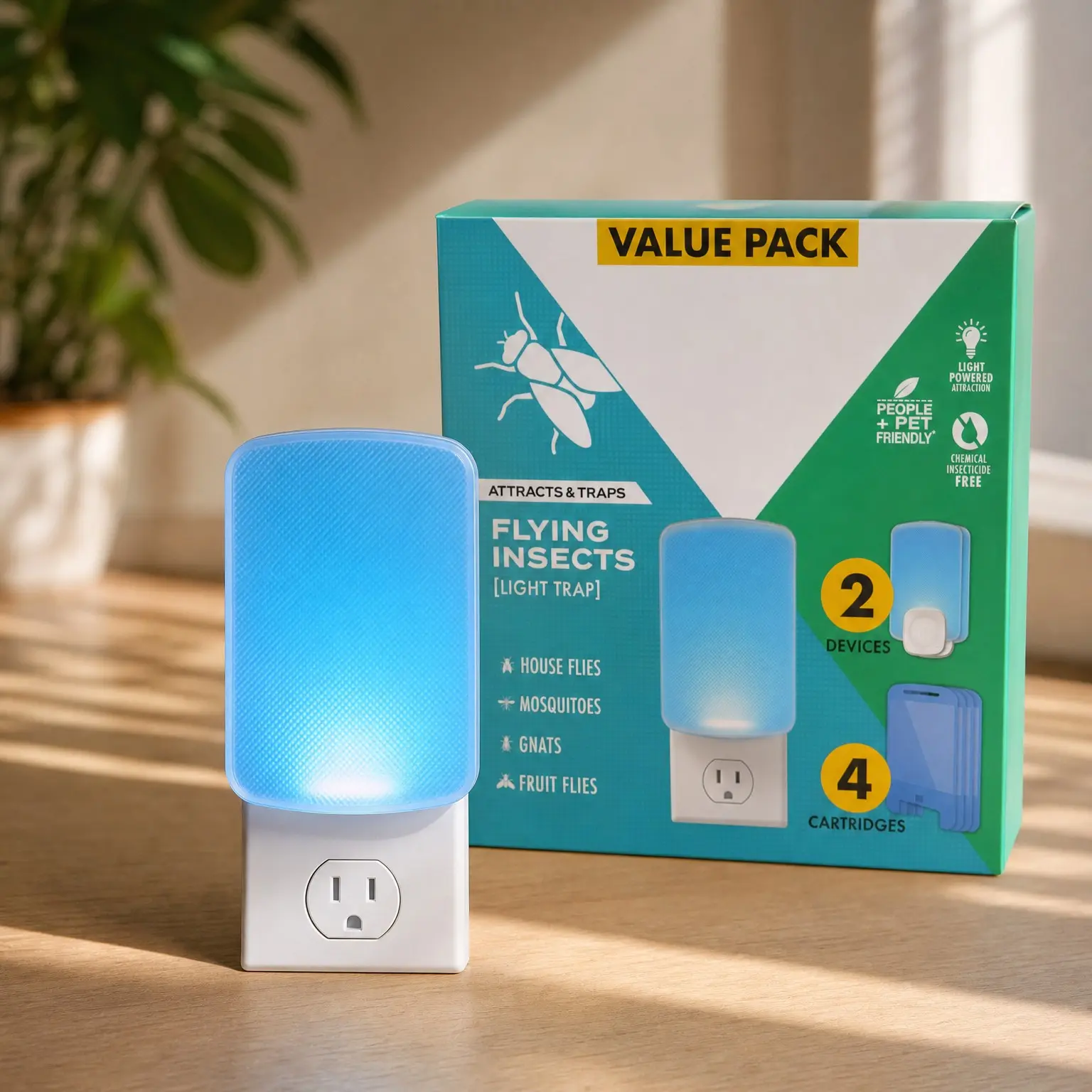 Indoor Flying Insect Trap with Soft Blue UV Light - Fruit Fly, Gnat & Bug Catcher for Home, Kitchen & Any Room - Includes 2 Plug-In Devices & 4 Refill CartridgesGift