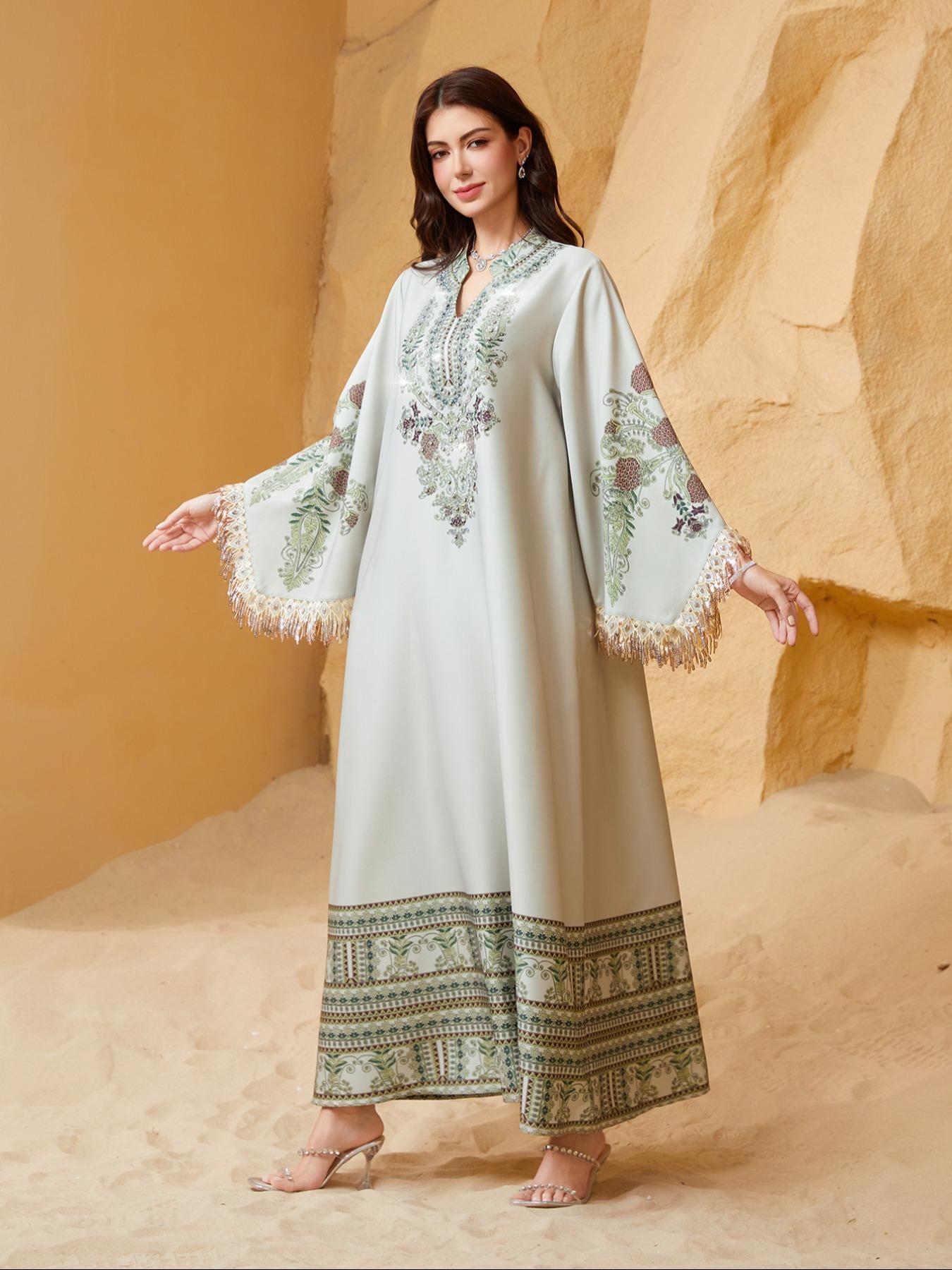 Women's Elegant Long Dress, Loose Fit Ethnic Print, Lace-Up Design, All-Season Wear, Perfect for Evening Occasions & Special Events