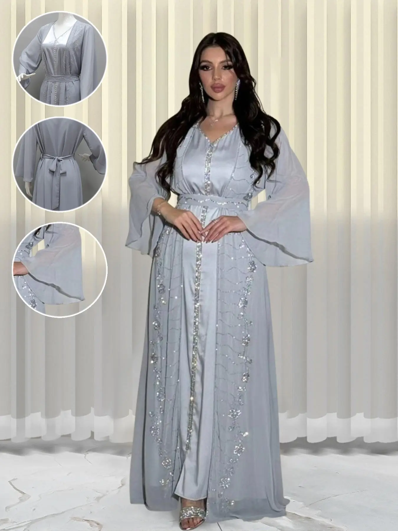 Women 2 Piece Rhinestone Embellished Abaya Set, Elegant Islamic Clothing, Open Front Flare Long Sleeve Grey Maxi Outer Kimono + V Neck Slip Dress with Matching Waist Belt, Sparkly Floral Crystal Beaded Modest Muslim Formal Gown