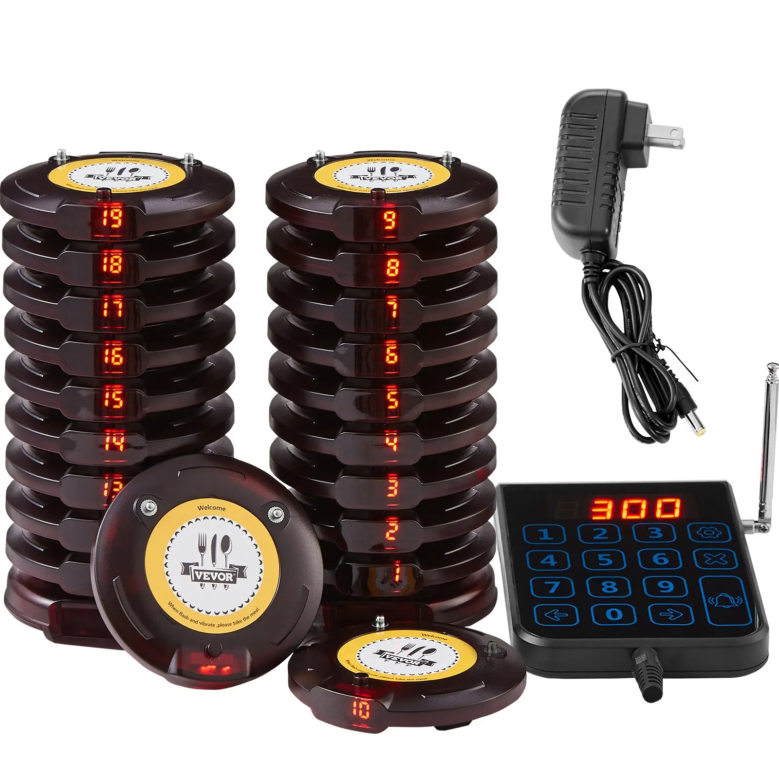 VEVOR Wireless Restaurant Pager System with 500m Long Range, 20 Beepers, Vibration-Flashing Alerts, Touch Keypad, Lithium Poly Batteries for Customers, Hospital, Food Truck, Pager Set