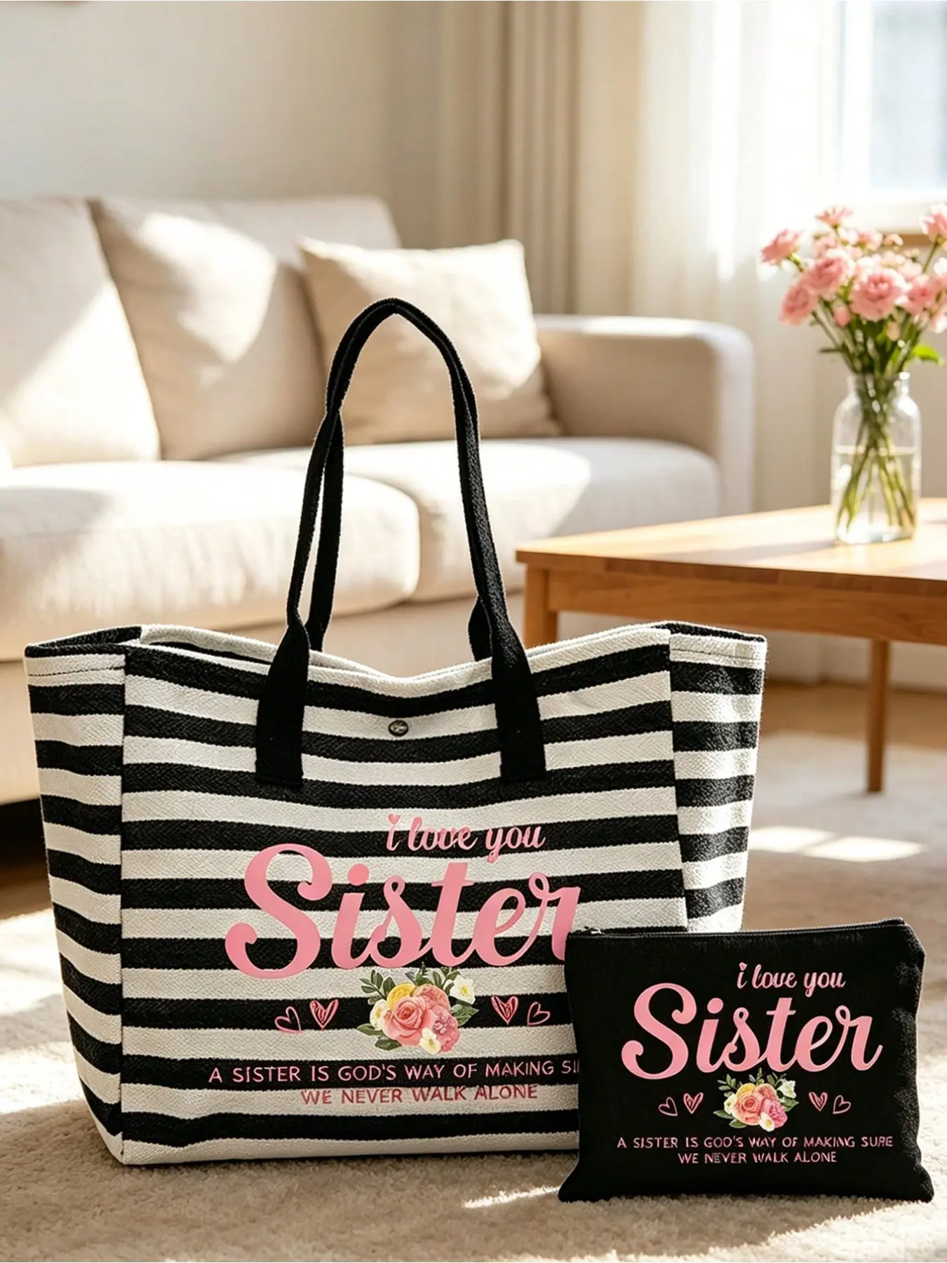 "i Love My Sister" Letter Floral Print Striped Handbag, Women's Beach Bag, Large Capacity Shoulder Bag, Gift for Sisters, Birthday, Graduation, Women Handbags