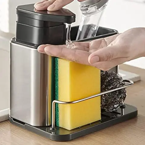 Kitchen Sink Dish Soap Dispenser, 1 Count 3-in-1 Stainless Steel Pump with Sponge Holder & Storage Rack, Home Organizer for Kitchen Sink, Liquid Dispenser, Dishwashing Dispenser