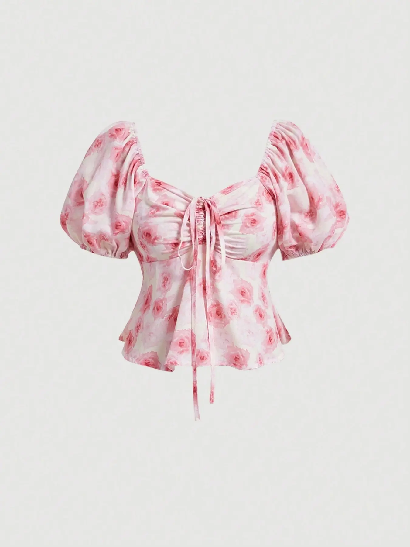 Rose Floral Square Neck Bubble Sleeve Short Blouse, Drawstring Waist Ruffle Hem Shirt, French Chic Slim Fit for All Seasons