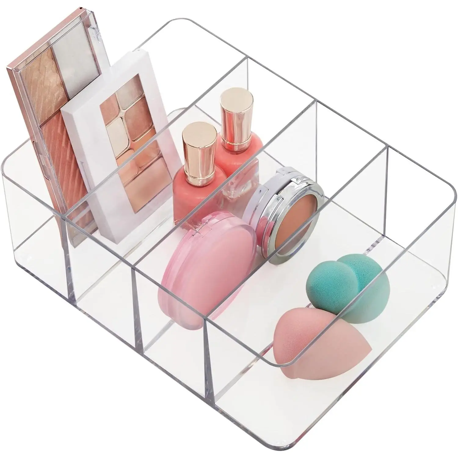 4-Compartment Clear Plastic Organizer, Rectangular Divided Makeup and Vanity Storage Bin, Use Upright for Eyeshadow Palettes, Made in USA