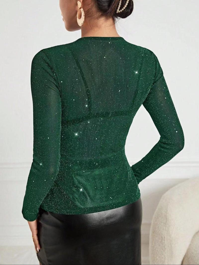 Women's Minimalist Glitter Sheer Crewneck Mesh Tee, Round Neck Longsleeves Vintage 90s Tees for Party Club Dating Wear, Women's Clothing for Spring, Tee Shirts for Women, Basic Womenswear, Going Out Tops, Fall Clothes, Casual Classy Top