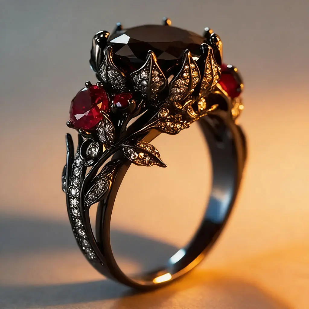Black and Gold Rose Ring with Ruby-Colored Gemstone Center - Vintage Charm Statement Piece, Dark Style Niche Floral Leaf Jewelry for Collectors & Enthusiasts C30092-JZ, Dark Style Niche Design tiktokshopbacktoschool