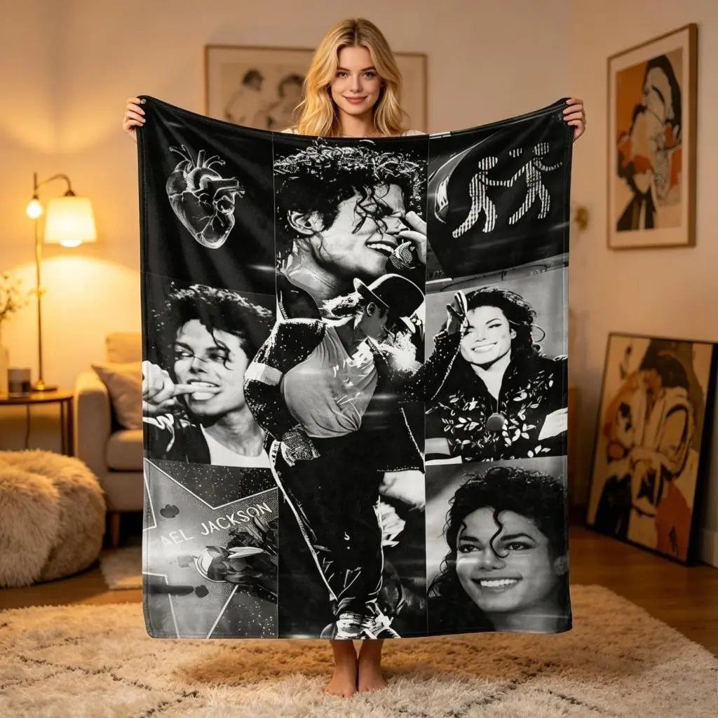 Michael Jackson Vintage Photo Collage Flannel Blanket, Black & White Pop Star Throw for MJ Fans Bedroom Sofa Decor