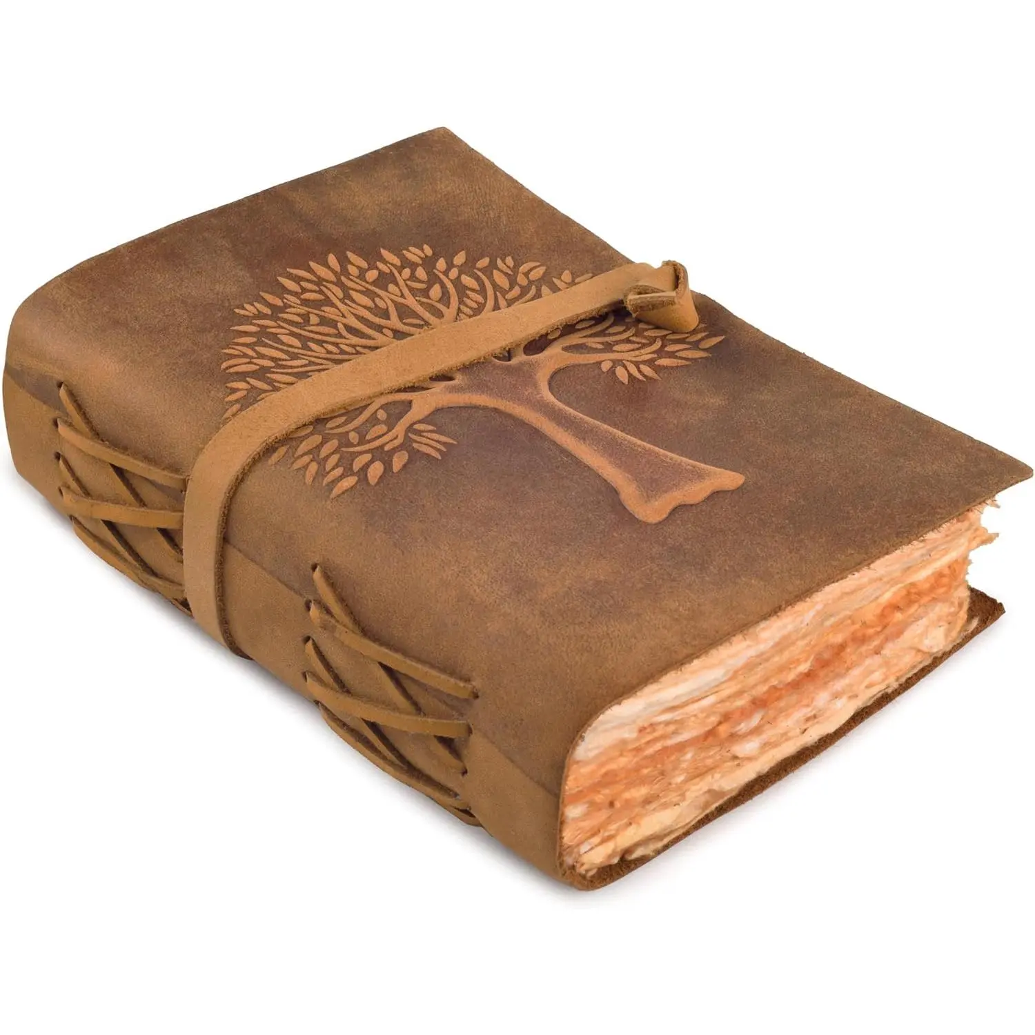 Unique Handcrafted Tree of Life Leather Journal - 7x5 Inches Leather Bound Diary with 200 Pages Deckle Antique Paper, Journaling Notebook for Women - Brown