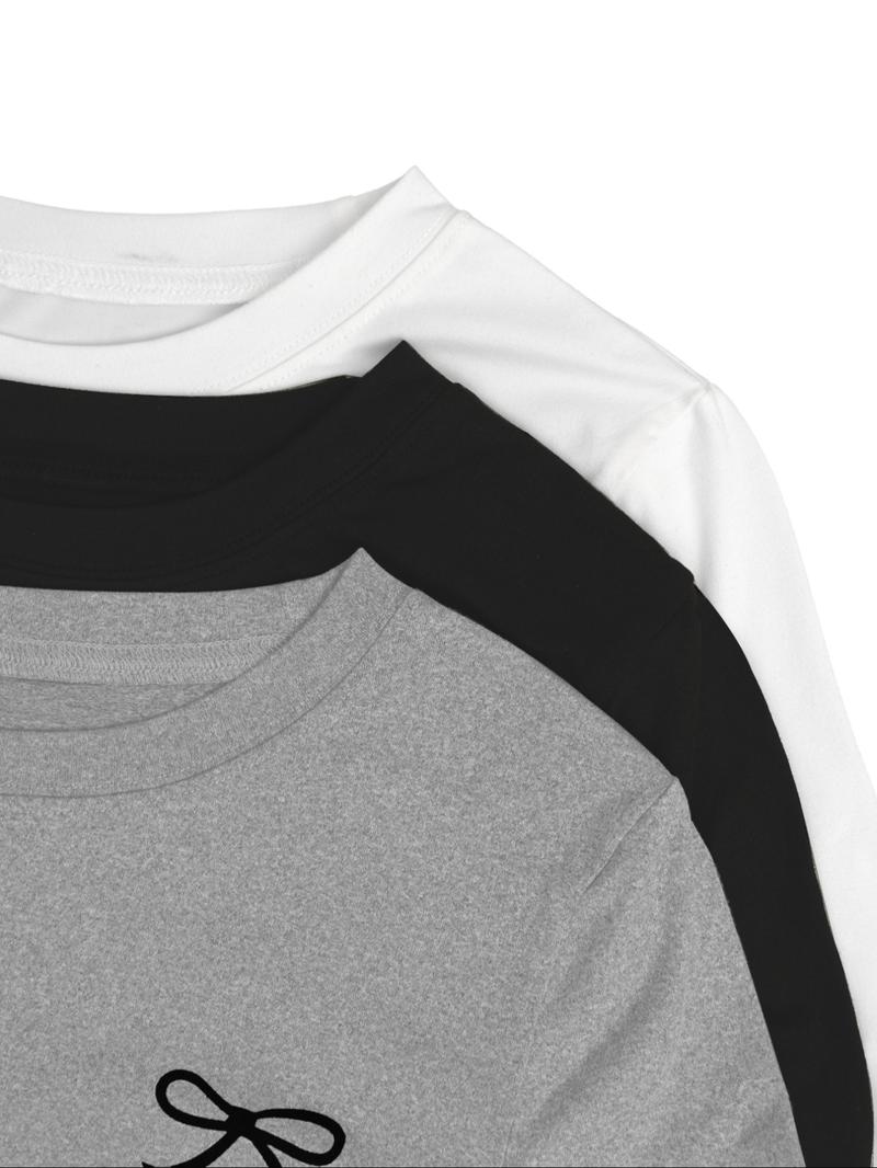 3pcs women's casual and fashionable slim fit small bow print details simple solid color pleated pullover shirt women's round neck long sleeved three piece T-shirt