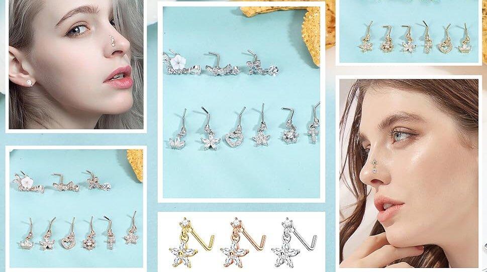 Trendy Summer 9 PCS Dangle Nose Rings - L Shaped for Women, 20G Stainless Steel Nose Rings Studs with CZ Cross, Crown, Flower, Heart Dangling Piercing Jewelry