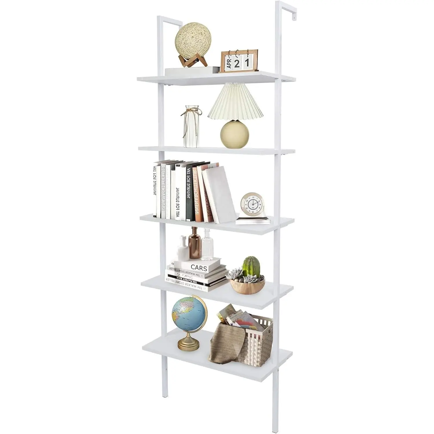 White Ladder Shelf Wall Mount, 5 Tier Ladder Bookshelf with Wood Shelf and Metal Frame, Modern Tall Ladder Shelves for Living Room, Bedroom, Office (12" D x 24" W x 71" H)