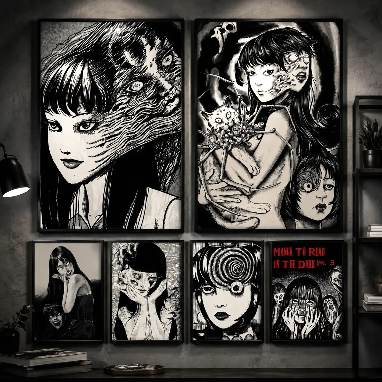 Japanese Horror Anime Canvas Poster, Junji Ito Style Dark Wall Art Print, Creepy Manga Decor for Bedroom Dorm Gaming Room, Halloween Horror Fan Gift